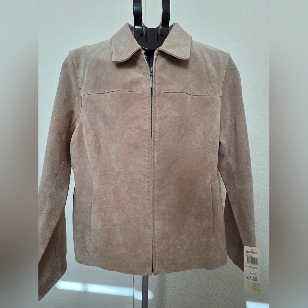 Boston Harbour 100% Suede Leather Jacket Taupe Zip Front Size Large NWT